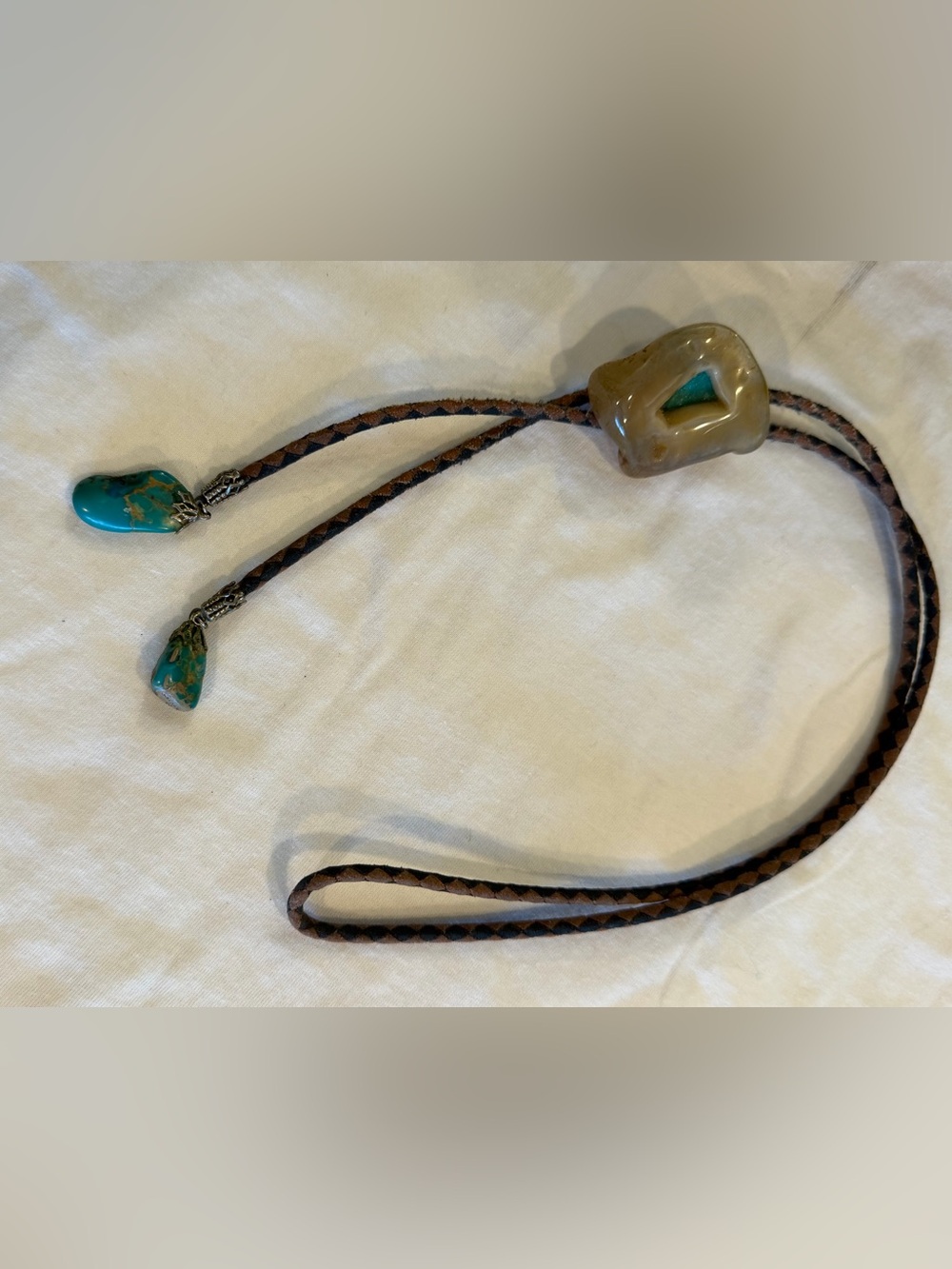 Southwestern-Inspired Brown Leather Bolo Tie with Turquoise/silver Accents